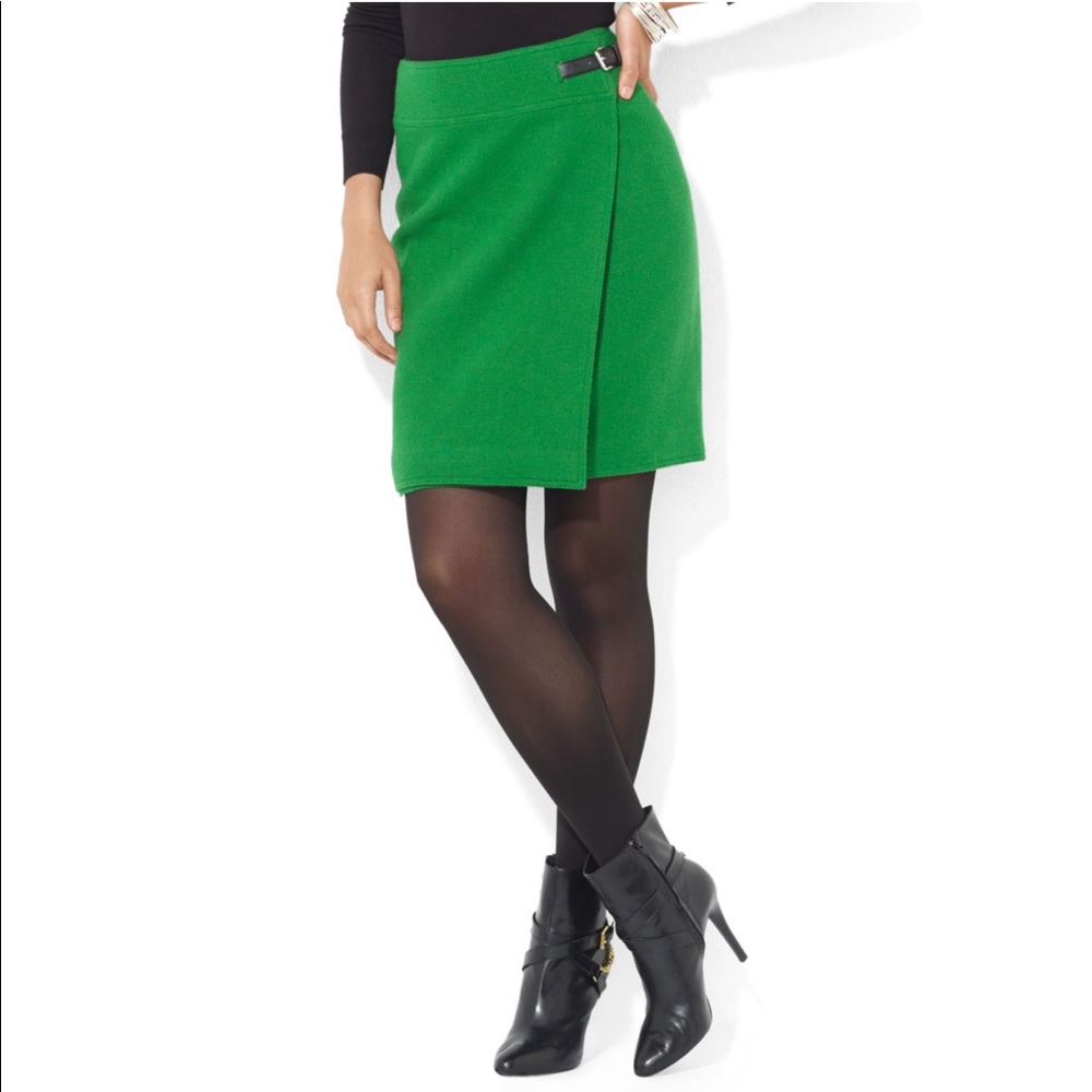 Ralph Lauren Green Belted Wool Faux Wrap Skirt